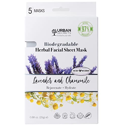 Segredos urbanos 5 Pacote de lavanda e camomila Herbal Facial Biodeggenta Cellulose 2 em 1 máscara de folha 25g x 5