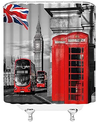 Cortina de chuveiro de Londres cabine telefônica vermelha na cidade romântica cenário antigo street big ben vintage tradicional