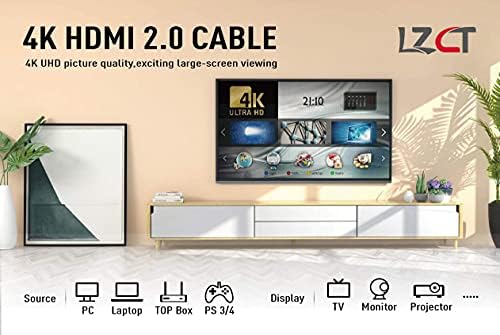 LZCT 4K Cabo HDMI de alta velocidade 6 pés com Ethernet HDMI Cord V2.0 Suporte 4K@60HZ Ultra HD 2160P 3D Arc HDR Mold de cor dupla