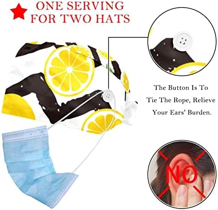 2 peças u unisex bouffant tampa com botões tampa de traseira com faixa de suor para mulheres homens, fruta limão chevrons