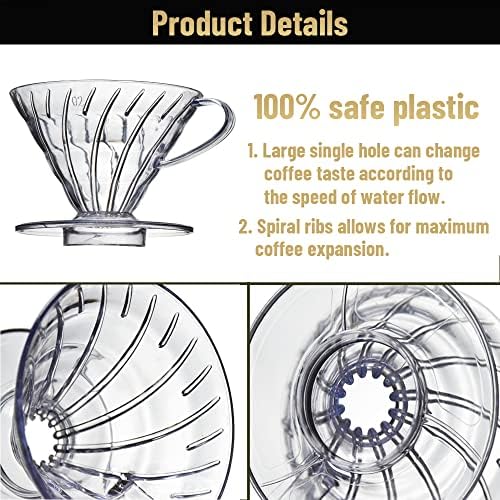 DailyRest V60 Plástico Mortador de café, tamanho 02, 1-4 xícaras, despeje sobre cafeteira, xícara de filtro de café reutilizável,