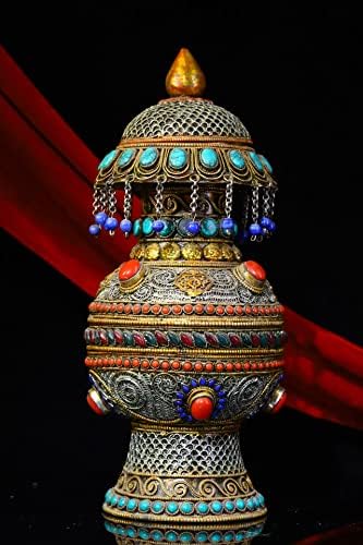 13 Coleção do templo tibetano Antigo mosaico tibetano de prata Gem jarro de cristal tesouro estupa utensilos budistas