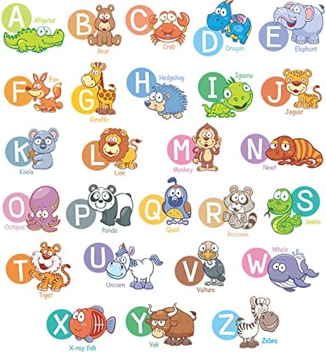 26 Adesivos de parede de letra, os mais fáceis para as crianças reconhecerem adesivos de parede ABC com animais de desenho