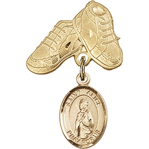 Distintivo de bebê cheio de ouro com charme de St. Alice e Baby Boots Pin 1 x 5/8 polegadas