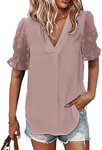 Teen Girl Short Bell Sleeve Shirts Blouse solta Blusa T camisetas profundas v pesco