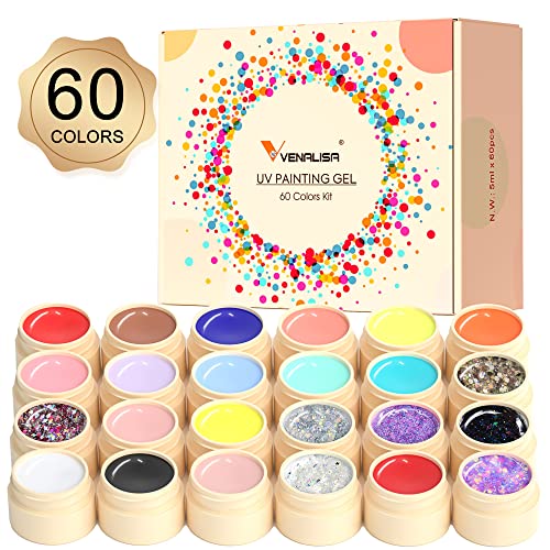Venalisa Gel Paint para Nails Art Kit, 60 cores Cores Gel Solid Gel Conjunto de aranha Pintura em gel Polishte de unhas Design de arte para manicure para partida Profissional Salão de beleza Diy em casa Presente para ela