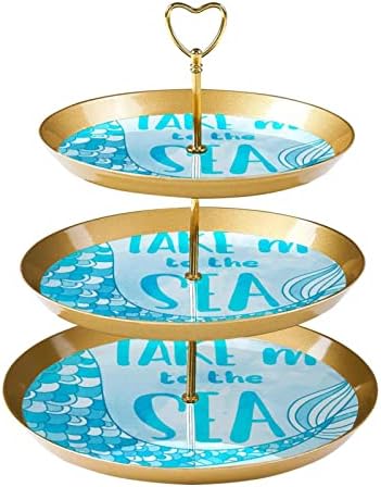 Porta de cupcakes marítimos de sereia marinha azul para pastelaria, 3 bolo de ouro plástico de 3 camadas para mesa de sobremesa,