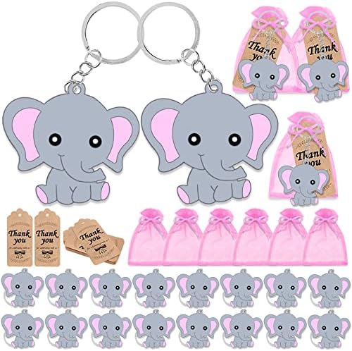 Cicibear 72 Pacote de elefante Favors de retorno com 24 chaveiros de elefante de bebê azul, 24 tags de agradecimento e 24