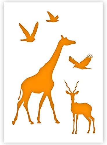 Qbix de animais africanos estêncil - girafa, camurça, pássaros - tamanho A5 - estêncil reutilizável e amigável para pintura, stencil