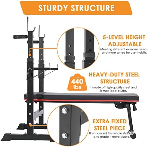 Rack de supino de supino de peso, banco ajustável com rack de barra, treinamento olímpico de força de treino, rack de agachamento