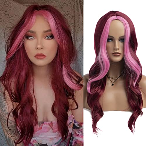 Beweig Long Curly Wavy Wavy Wavy Rosa Rosa Perucas Médias Parte Média Peruca Colorida Cosplay Costume Sintética