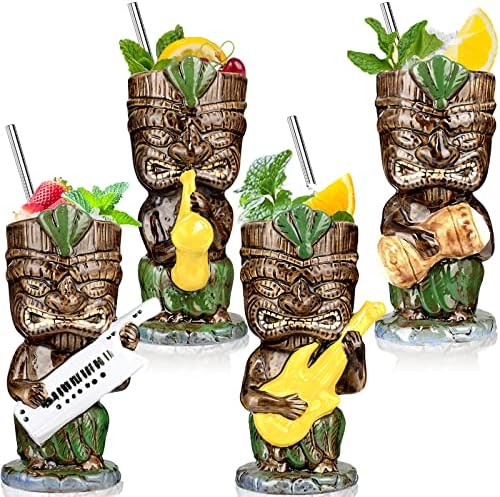 Tiki copos canecas para coquetéis Hawaiian Tiki Canecas 13oz Conjunto de 4 xícaras de bebidas tropicais de cerâmica