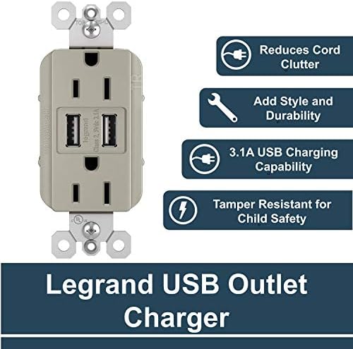 P&S Legrand Radiant TM826USBNICCV4 15 amp Decorator Wall Powerlet com carregador USB de 3,1 amp, níquel escovado