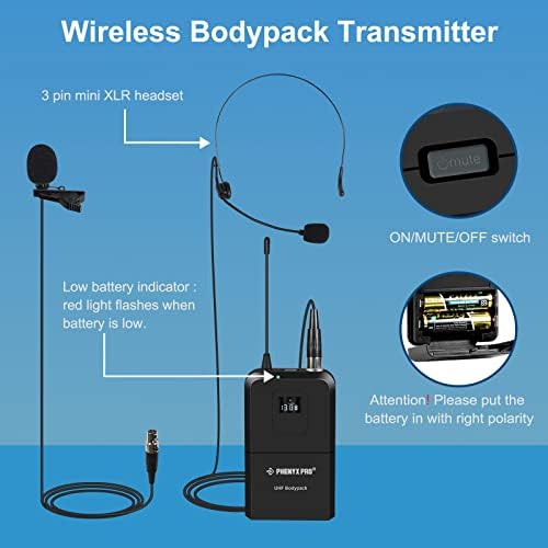 Transmissor BodyPack sem fio Phenyx Pro, microfone UHF BodyPack para PTU-71/PTU-7000/PTU-6000, com frequências selecionáveis,