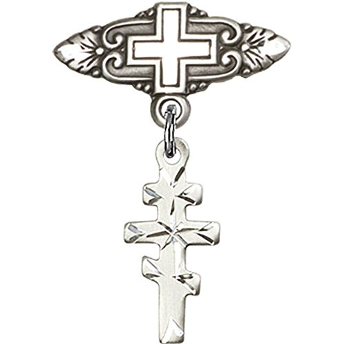 Distintivo para bebês de prata esterlina com charme cruzado de orthadox grego e pino de crachá com cruz 1 1/8 x 3/4 polegadas