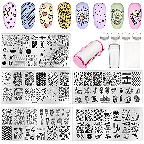 Kit de estampa de unhas de 13pcs de 13pcs, 5pcs Summer Uil Art Stamps para unhas, ferramentas de arte unhas Conjunto com estampares