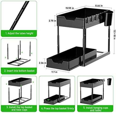 Altura ajustável sob o organizador da pia, Cuivnkak Duplo deslizando sob o organizador da pia e gaveta de armazenamento