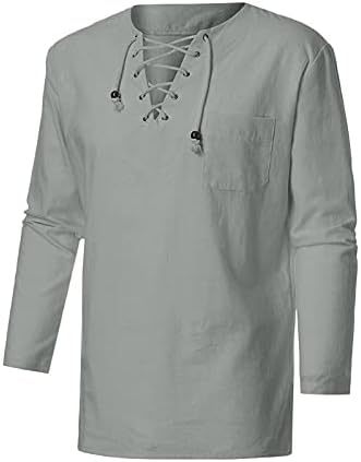 Camisas da moda para masculino, Fall Men's Lace-up Henley V Neck String Cotton Cotton Linen Casual Tops camisa com bolsos