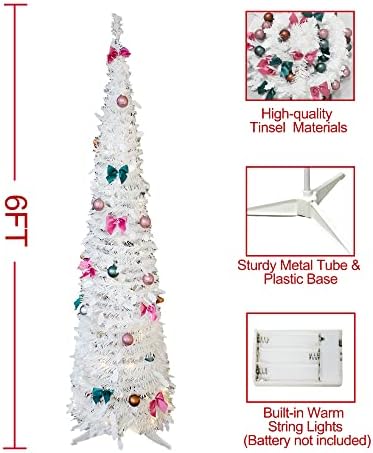 Árvore de Natal de 6 pés de lápis com 80 luzes ， Tinsel de bateria pequena árvore de Natal com timer ， Diâmetro 20in