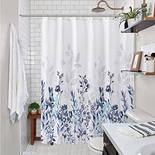 Cortina de chuveiro azul e cinza Neasow, cortina de banheiro floral aquarela e cortinas de chuveiro branco 72 × 78 polegadas