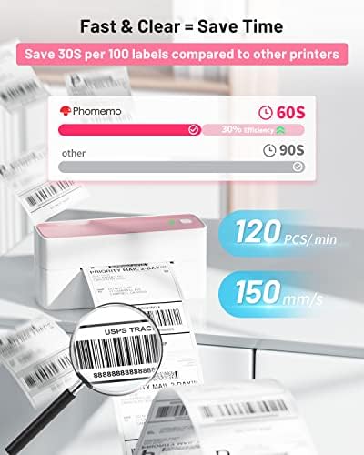 Impressora de etiqueta rosa phomemo com rótulo térmico rosa - 1,25 *2,25, 1000 folhas