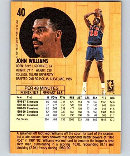 1991-92 Fleer Series 1 Basketball 40 Hot Rod Williams Cleveland Cavaliers NBA Official NBA Trading Card