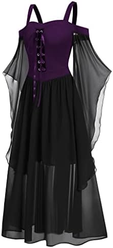 Trajes de Halloween para mulheres, vestidos góticos de ombro frio steampunk medieval de renda vintage up vestido de manga borboleta