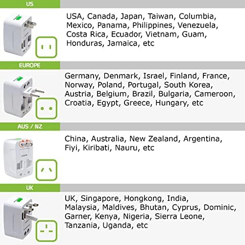 Viagem USB Plus International Power Adapter Compatível com LG G3 Stylus para poder mundial para 3 dispositivos USB TypeC,