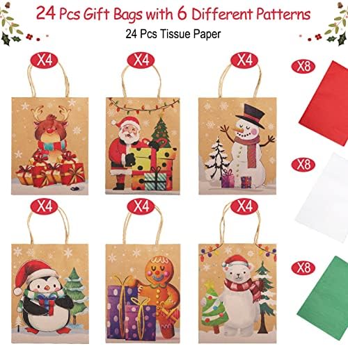 24pcs de papel de Natal sacolas com papel de seda, sacos de papel Kraft a granel com sacolas de festas para festas