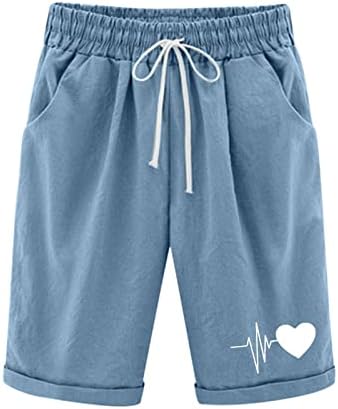 Shorts de linho de algodão feminino Bermudas de estampa de coração calças bolso de bolso casual calça de moletom de moletom solteira