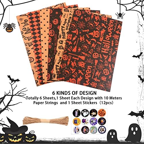 Mamunu 6 lençóis Papel de embrulho de Halloween, Design de padrões de crânio de abóbora preta laranja Design de Halloween Art