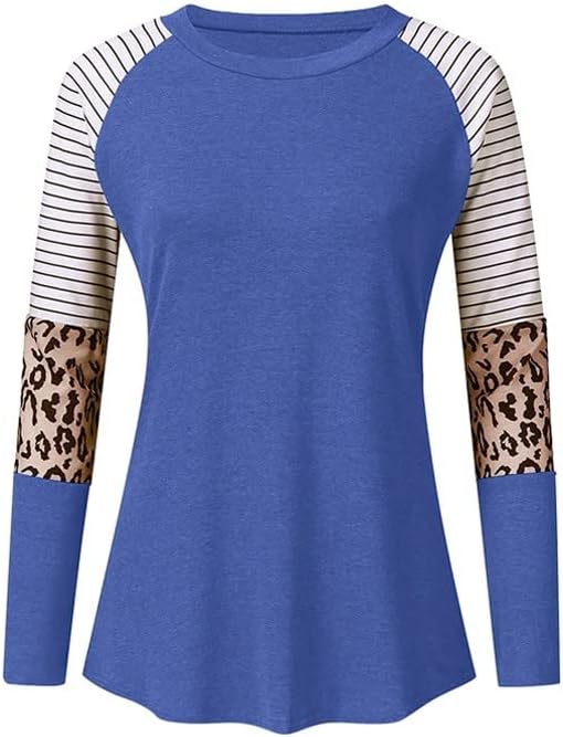 Tops de manga longa feminina outono e inverno com estampa de leopardo redondo tampa listrada no pescoço