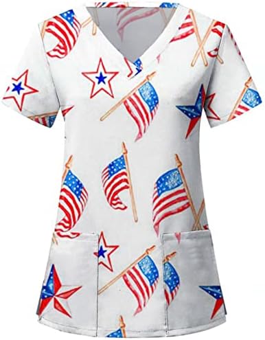 4 de julho Tops for Women American Flag Summer Summer Sleeve Camisa de decote em V com 2 bolsos Blusa Top Holiday Casual Workwear