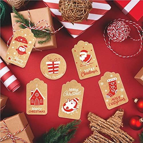 Tags de presente de natal, 100 pacote de papel marrom kraft de natal etiquetas de presente com corda de algodão vermelho para