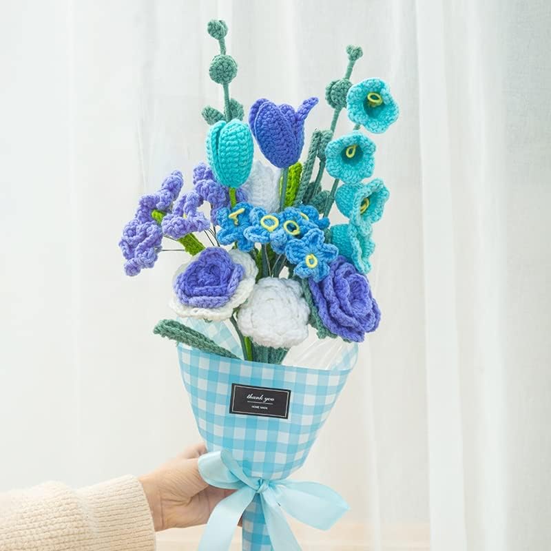 HGVVNM Bouquet de crochê azul de crochê de malha para decoração de casas Decoração de casa Amantes Presente