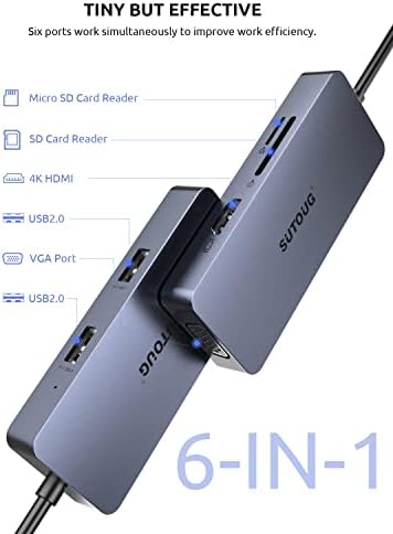 Hub USB C, estação de ancoragem, adaptador Sutoug 6-em-1 USB C, dongle multiporta HDMI 4K, com portas VGA, 2 portas USB 2.0,