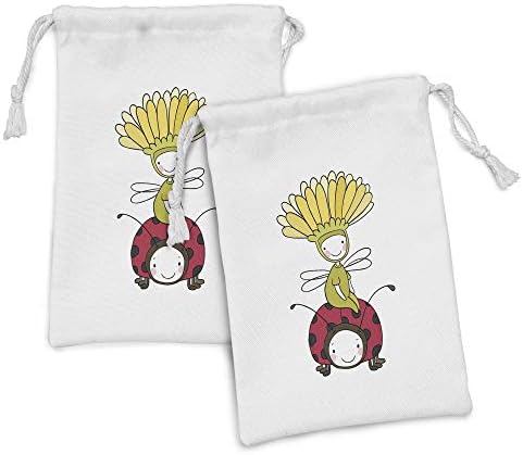 Conjunto de bolsas de tecido de desenho animado de Ambesonne de 2, Flower and Ladybug Desenho de Mão Desenhado Art Funny Fantasy Personagens,