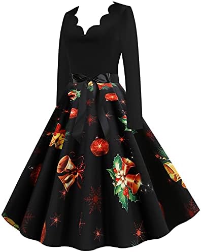 Vestido de Natal da década de 1950 para mulheres de manga longa vintage, vestido de santa impresso para o vestido de baile de coquetel