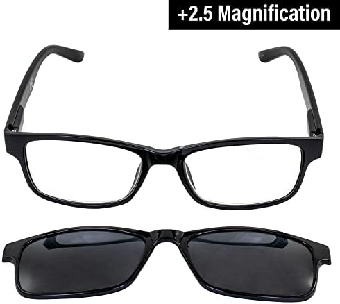 Óculos de leitura de visão global +2.5 Magração de moldura preta com lente transparente e tonalidades de clipe polarizadas