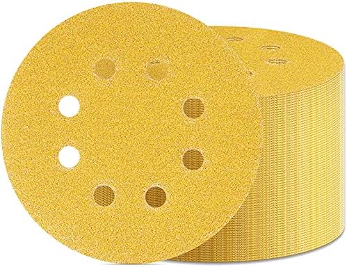 Disco de lixamento dourado de 5 polegadas, Vfine 5 polegadas 8 orifícios Gancho de lixa e lixamento de lixamento Discos orbitais Landing 120 Grit 50 pacote