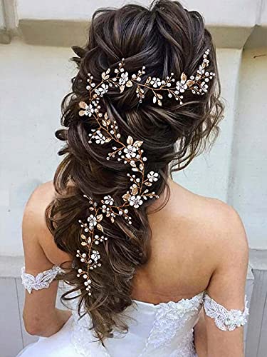 Easedaily Flower Bride Wedding Hair Vine Gold Crystal Farda de cabeceira Pearl Pedaços de cabelo de nupcial longos acessórios