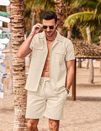 Coofandy masculino masculino de linho de 2 peças de manga curta camisa e shorts roupas de praia casual de verão