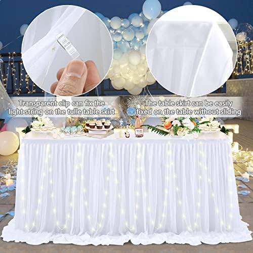 Saia de mesa de tule branca de 6 pés com luz LED para festa de aniversário de aniversário de bebê chá de bebê branco tutu tutela