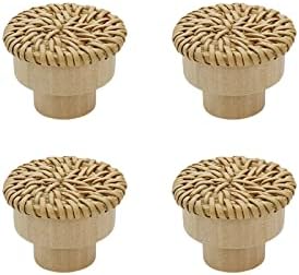 Kumgrot 4pcs Rattan Cleax Knobs maçanetes de porta de madeira Botões de gaveta de madeira redondos botões de vime tecidos puxadores