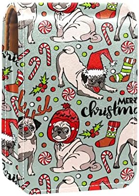 Mini Caso de Lipstick com Mirror for Purse, Pug Dog Feliz Natal Organização de caixa portátil