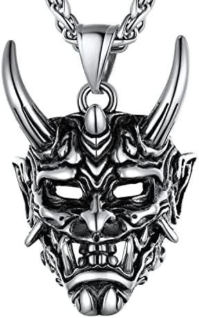 Colar de máscara de hannya u7, pingente punk gótico masculino, aço inoxidável prata preto preto personalizado maleado jóias de chifre