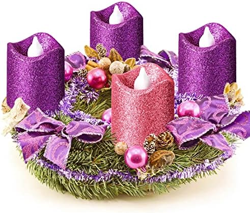 4 PCs Advent Led Tea Velas Light Advent liderou velas votivas glitter purple rosa sem chamas de chamas com baterias LED sem chamas