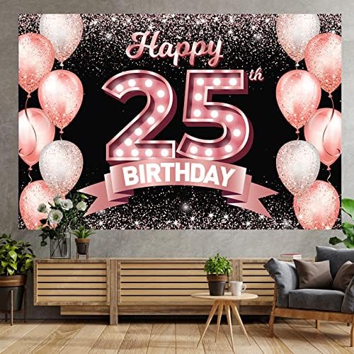 Feliz aniversário de 25 anos Banner Rose Gold Banct Chapers a 25 anos de idade Decorações de decoração de tema de confetes