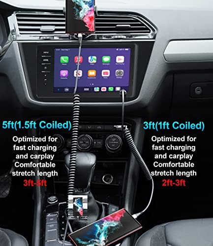 Cabo enrolado de USB tipo C, carregamento rápido, cordão de carregamento de 2 pack para carro, Cabo de carga USB