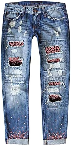 Mulheres Leopard Patch Ripped Brinched Nightded Stretch Jeans Skinny Animals Print Juniors Destruí jeans Capri